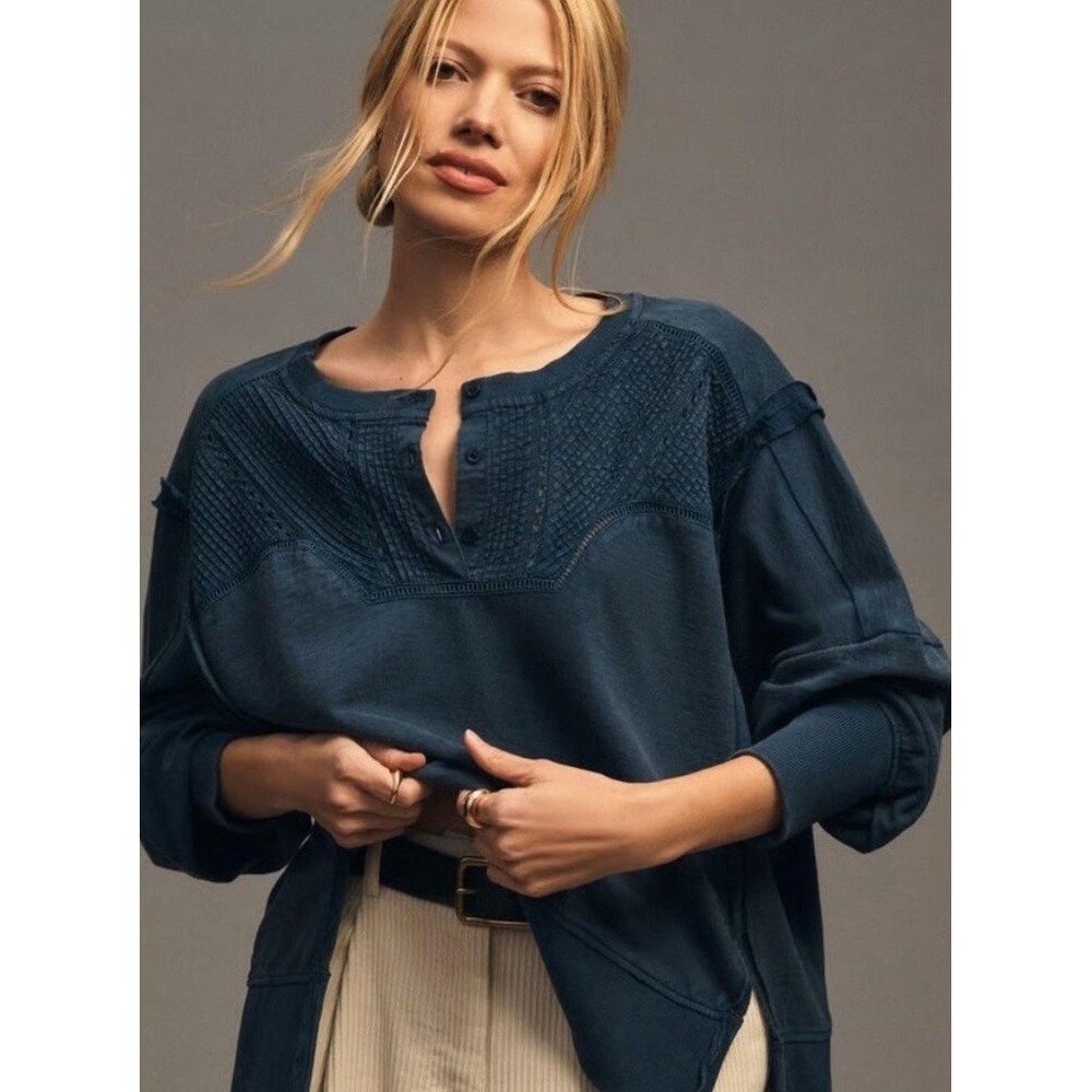 Pilcro Anthropologie‎ Textured Henley Sweatshirt Blue Cotton Top Size S
